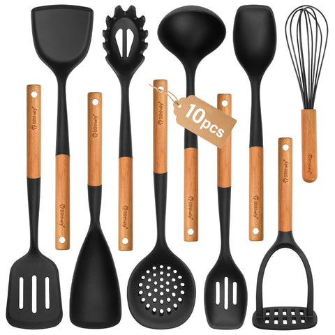 Blithely set front display showing all ten black silicone utensils and wooden handles for complete kitchen coverage