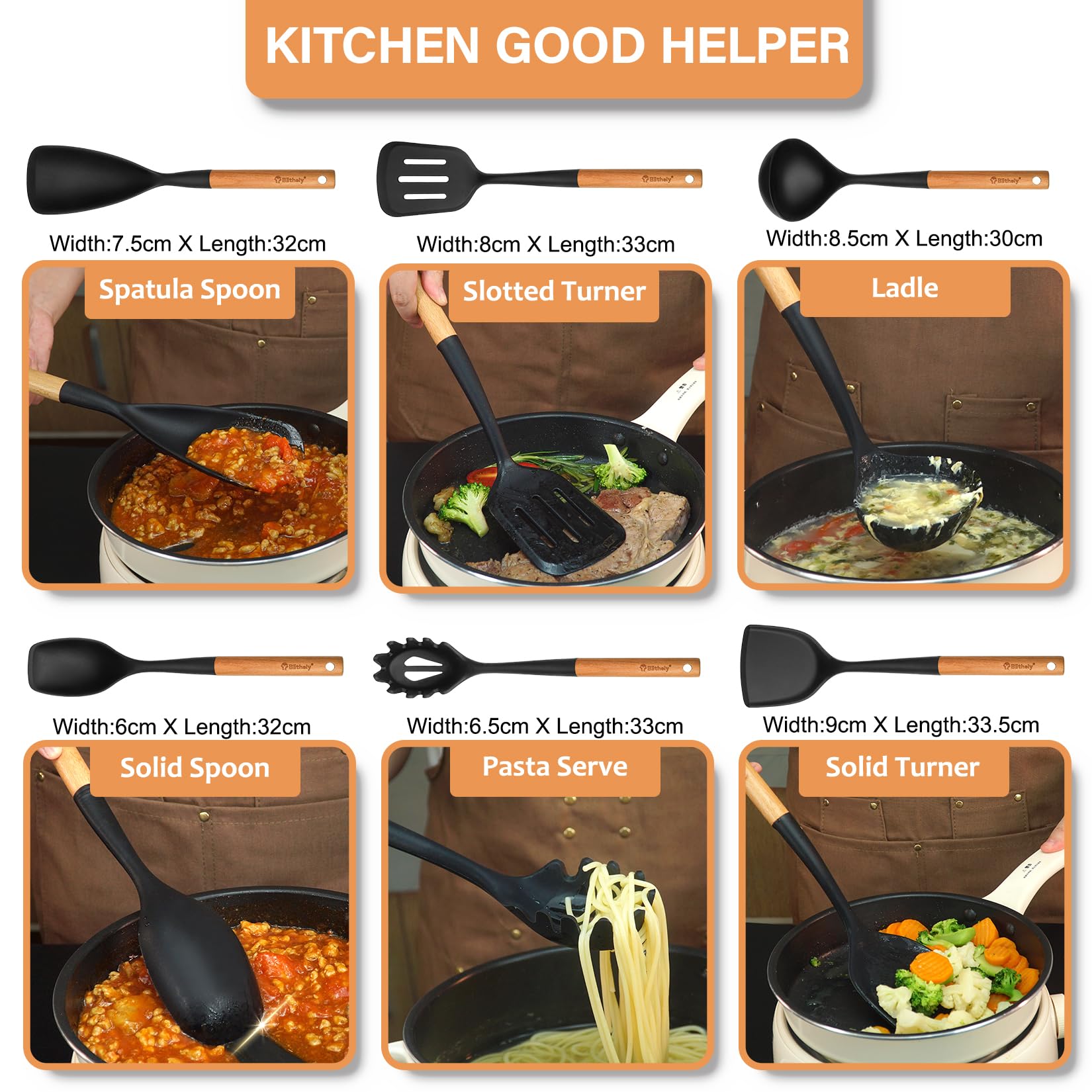 Blithely utensils hanging from a kitchen rack to save counter space and enable airflow