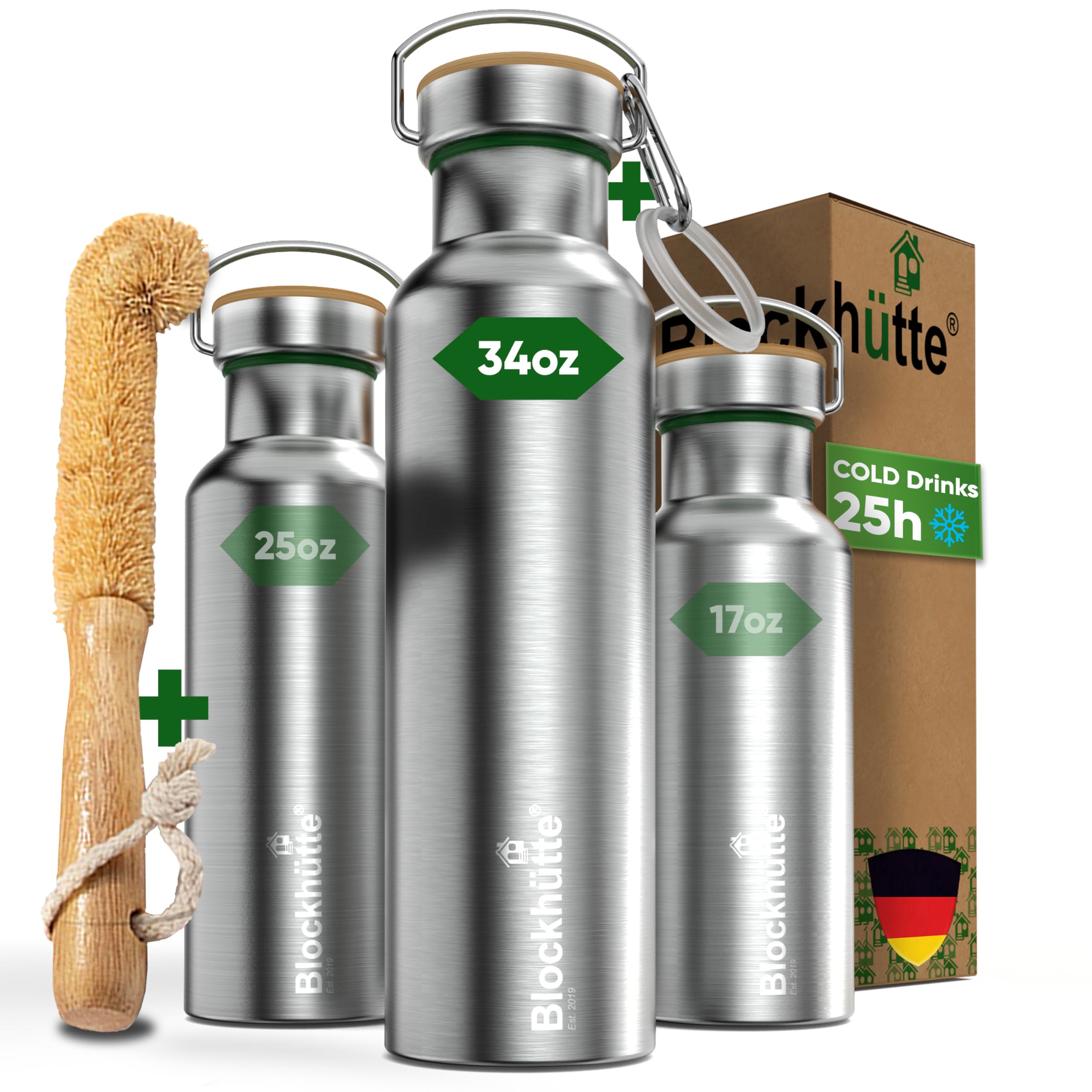 Blockhütte bottle front view showing logo and durable finish for reliable hydration