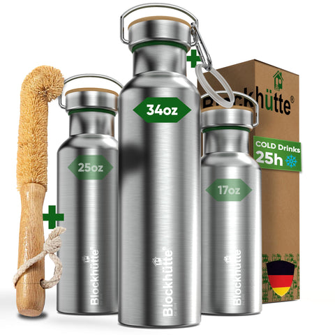 Blockhütte bottle front view showing logo and durable finish for reliable hydration