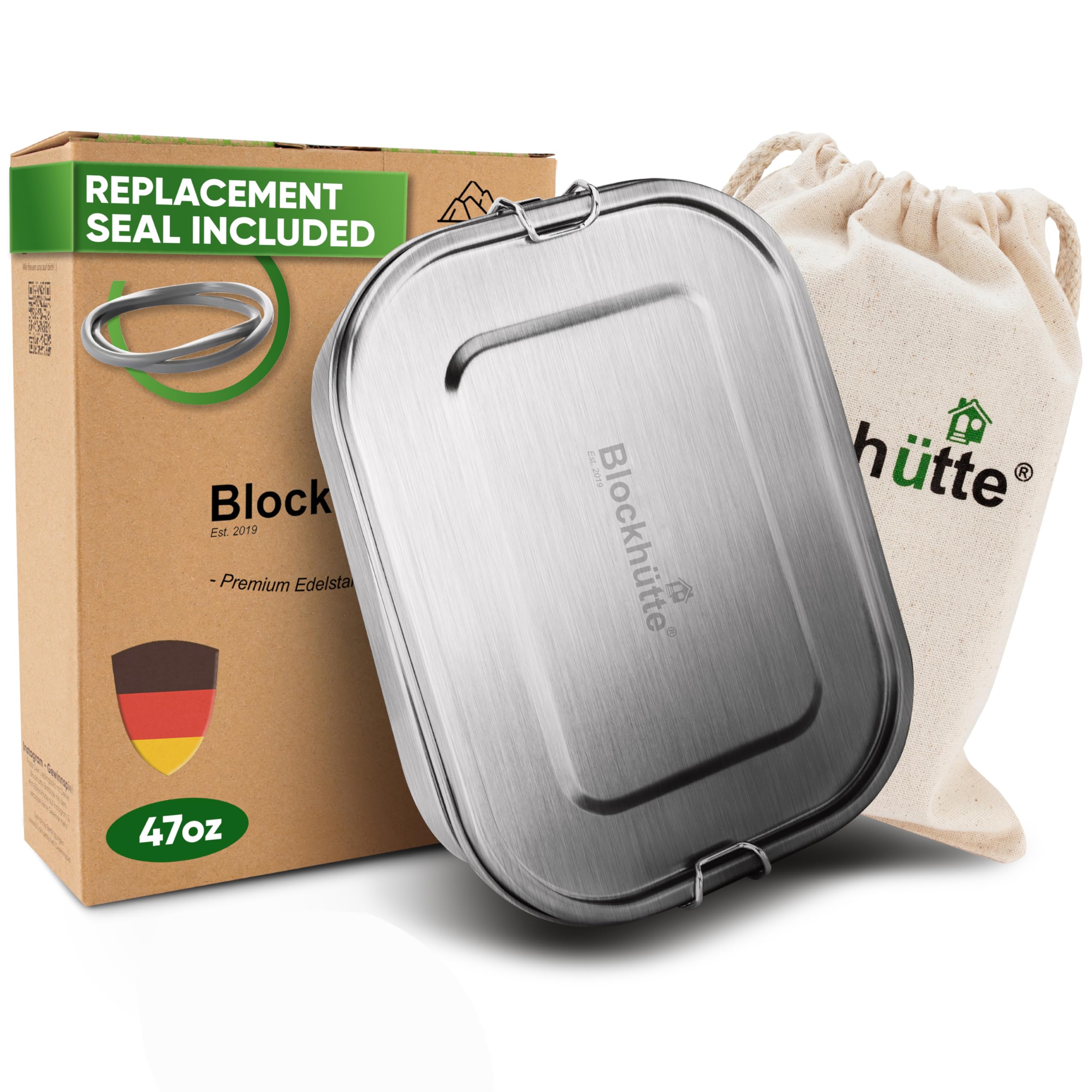 Blockhütte front-view stainless steel lunch box showing durable build and compact profile
