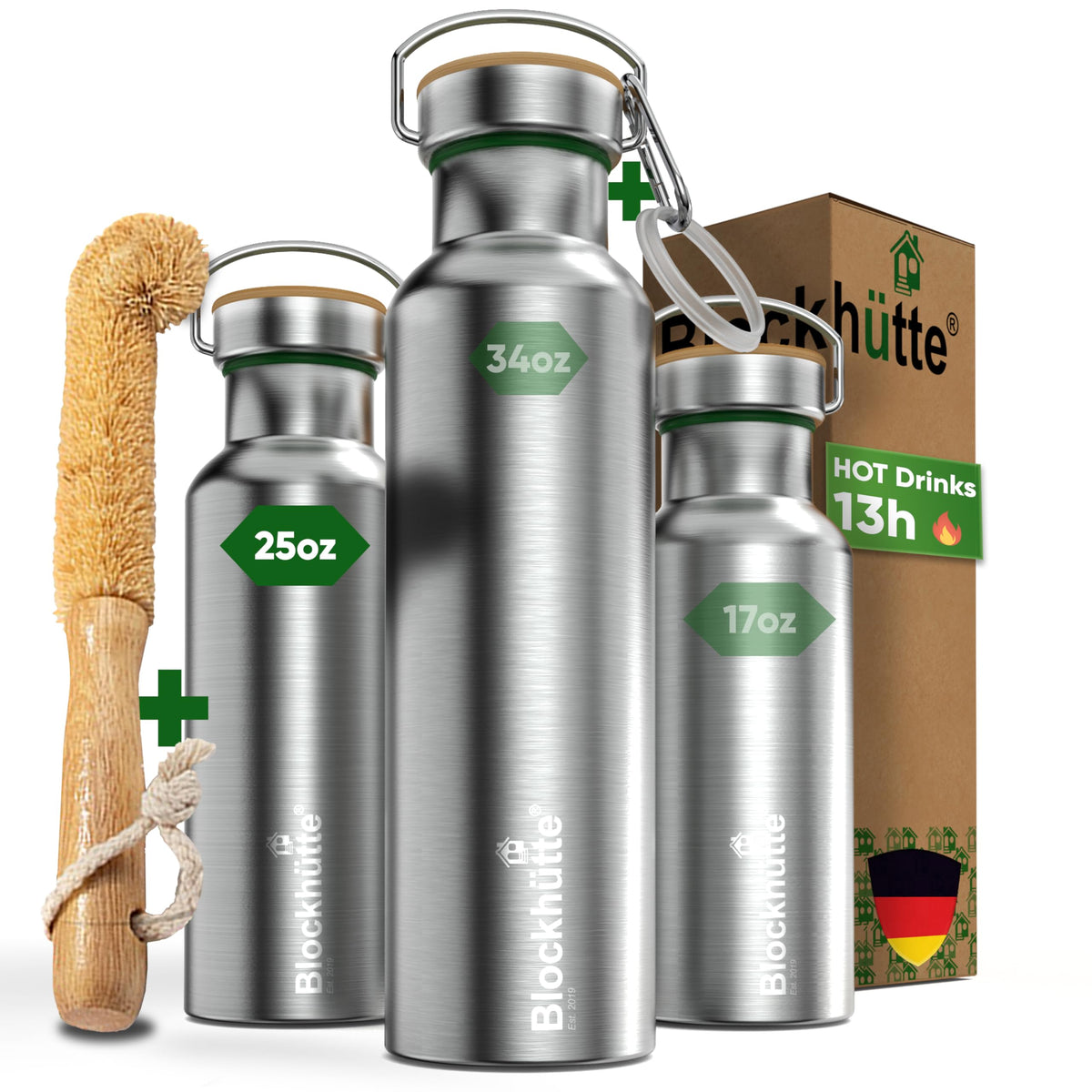 Blockhütte bottle front view shows durable design and reliable hydration
