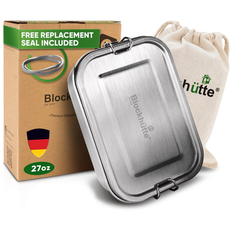 Blockhütte front view metal lunchbox showing compact design and durability