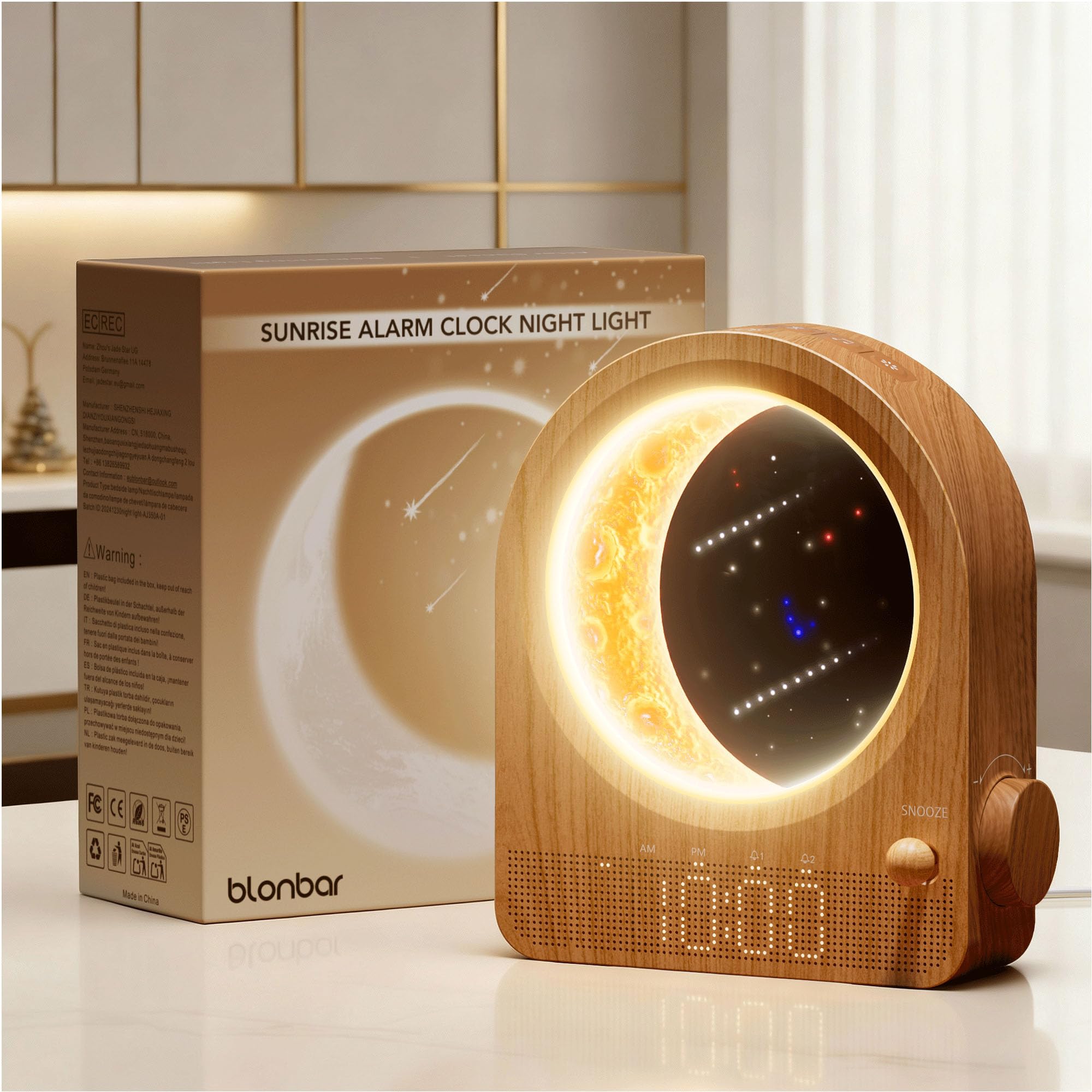 blonbar front view showing clock face and moon lamp, clear bedside benefit