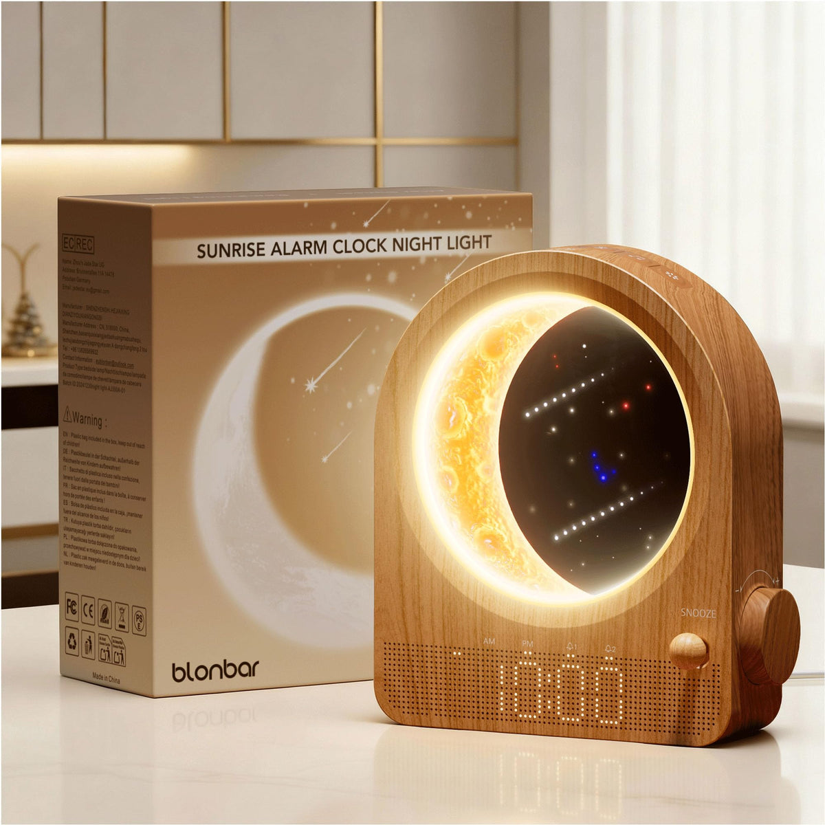 blonbar front view showing clock face and moon lamp, clear bedside benefit