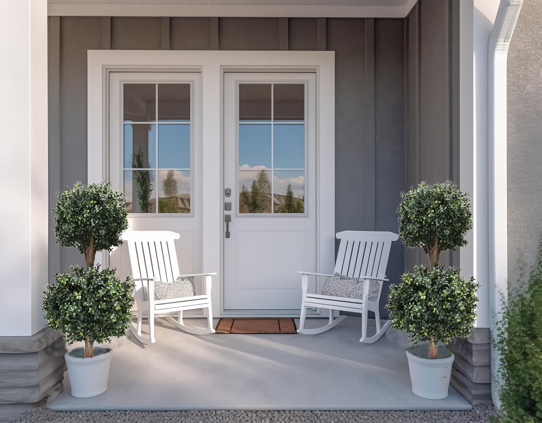 BLONYUVC paired topiaries flanking porch door for elegant symmetry
