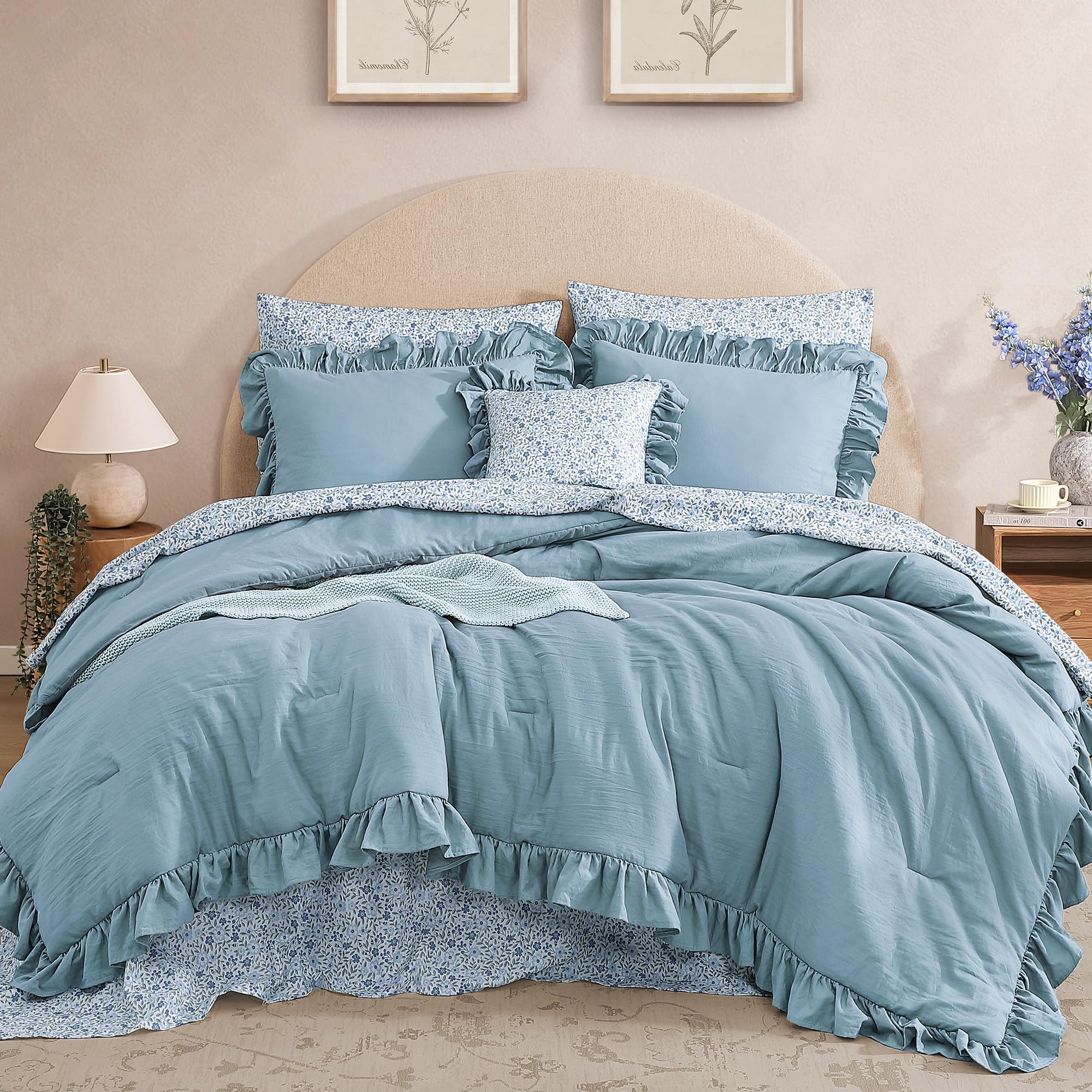 BLOOMHAVEN comforter front view showing full ruffled border and clean styling benefit