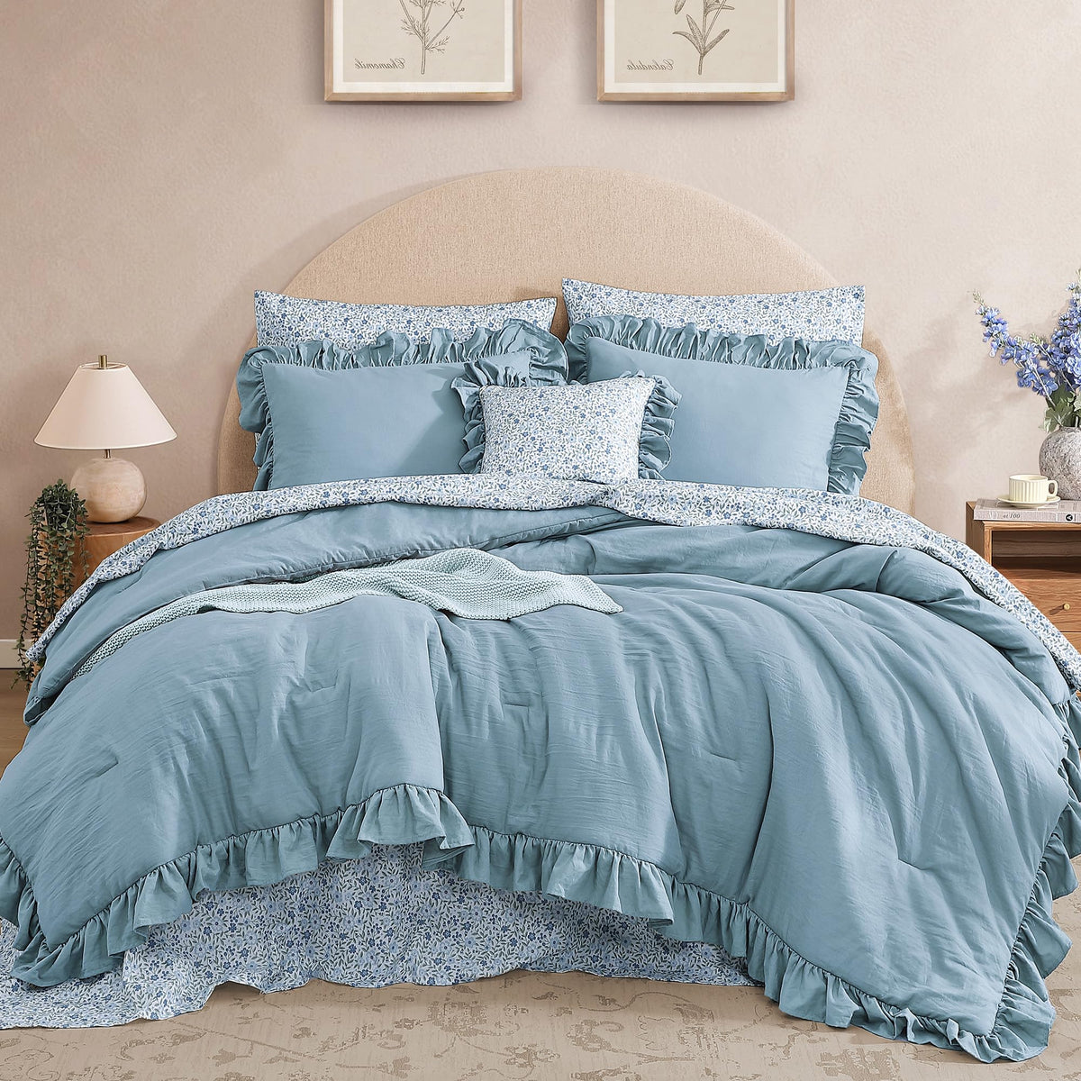BLOOMHAVEN comforter front view showing full ruffled border and clean styling benefit