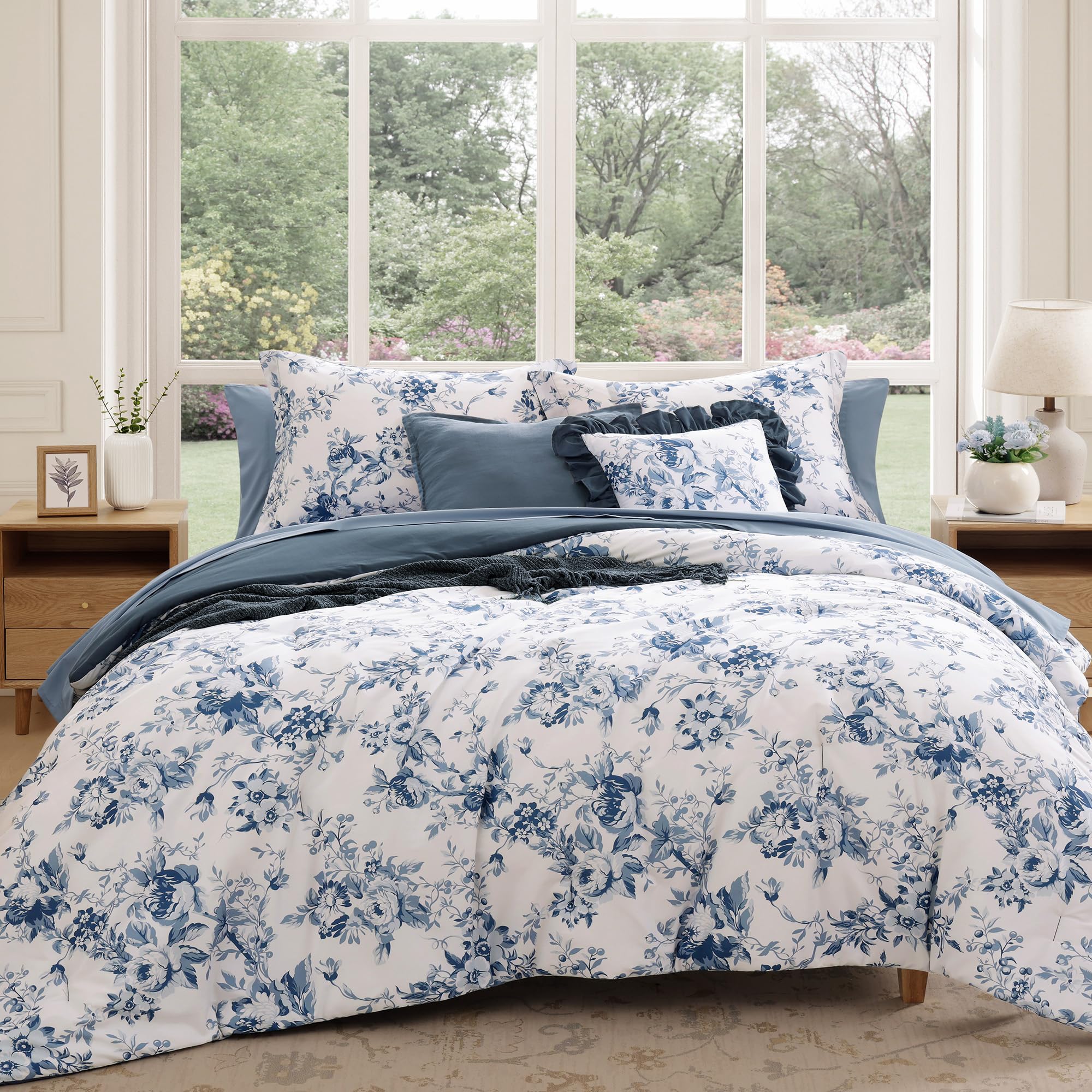 BLOOMHAVEN front view comforter showing blue floral print and full-bed appeal