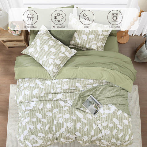 BLOOMHAVEN styled bedroom with comforter on bed demonstrating calming sage ambiance