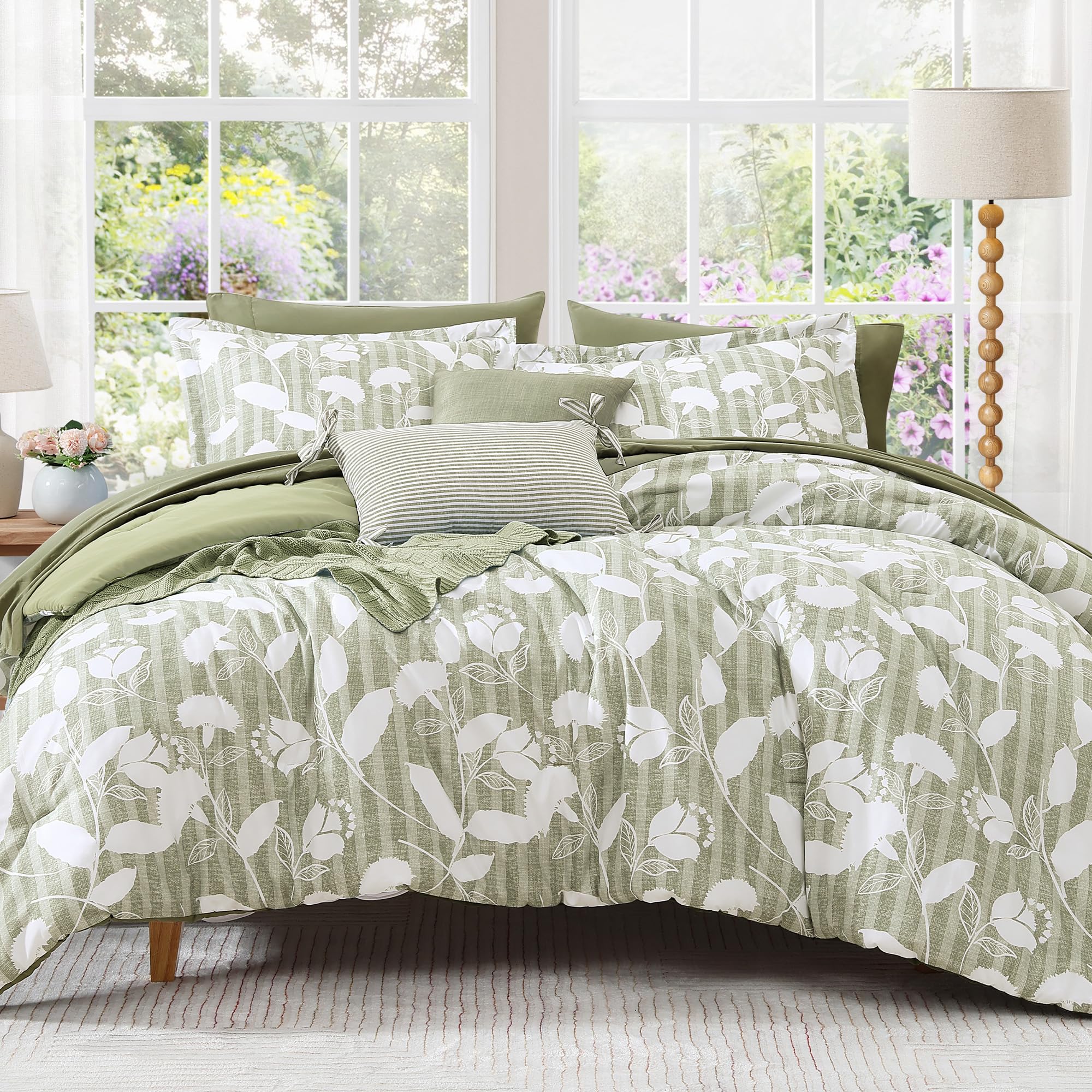 BLOOMHAVEN front view of queen comforter set showing full sage floral bedding and cohesive styling