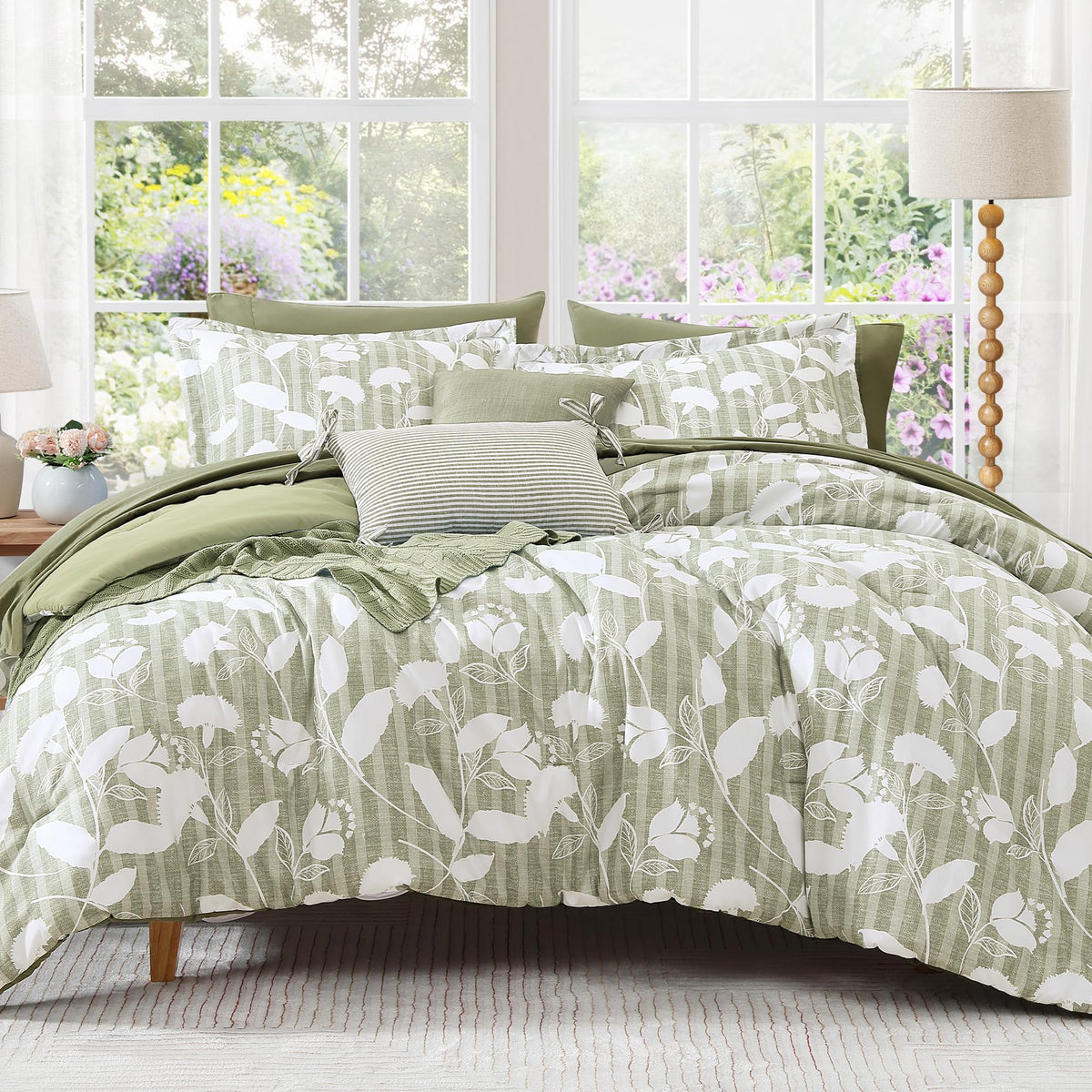 BLOOMHAVEN front view of queen comforter set showing full sage floral bedding and cohesive styling