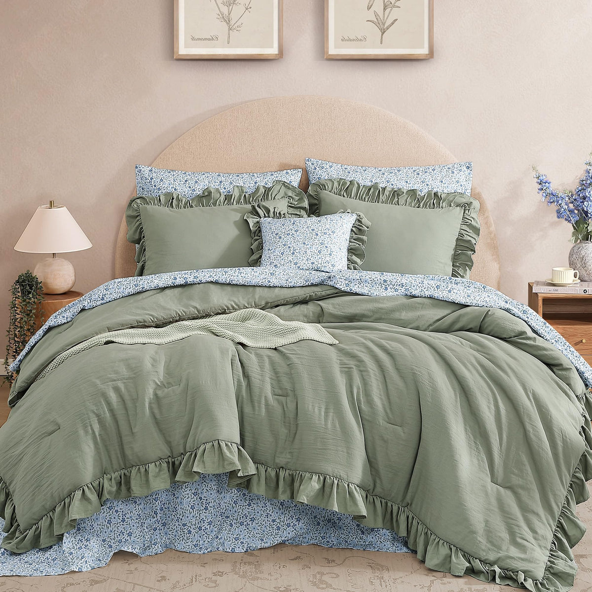 BLOOMHAVEN queen comforter front view showing elegant ruffles and cozy layering