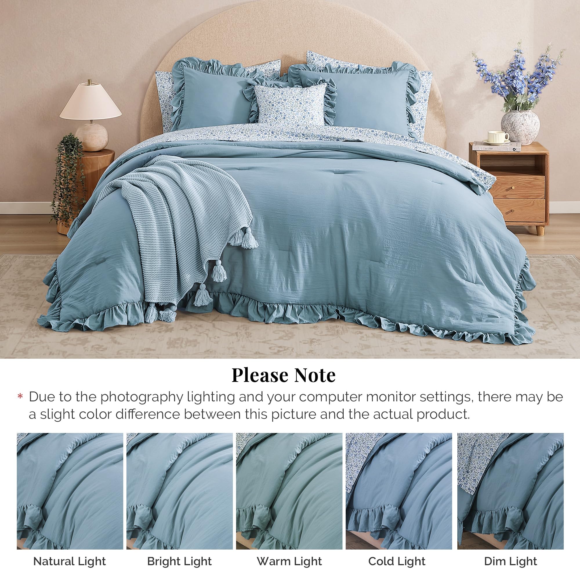BLOOMHAVEN size scale with ruler showing comforter dimensions and accurate fit benefit