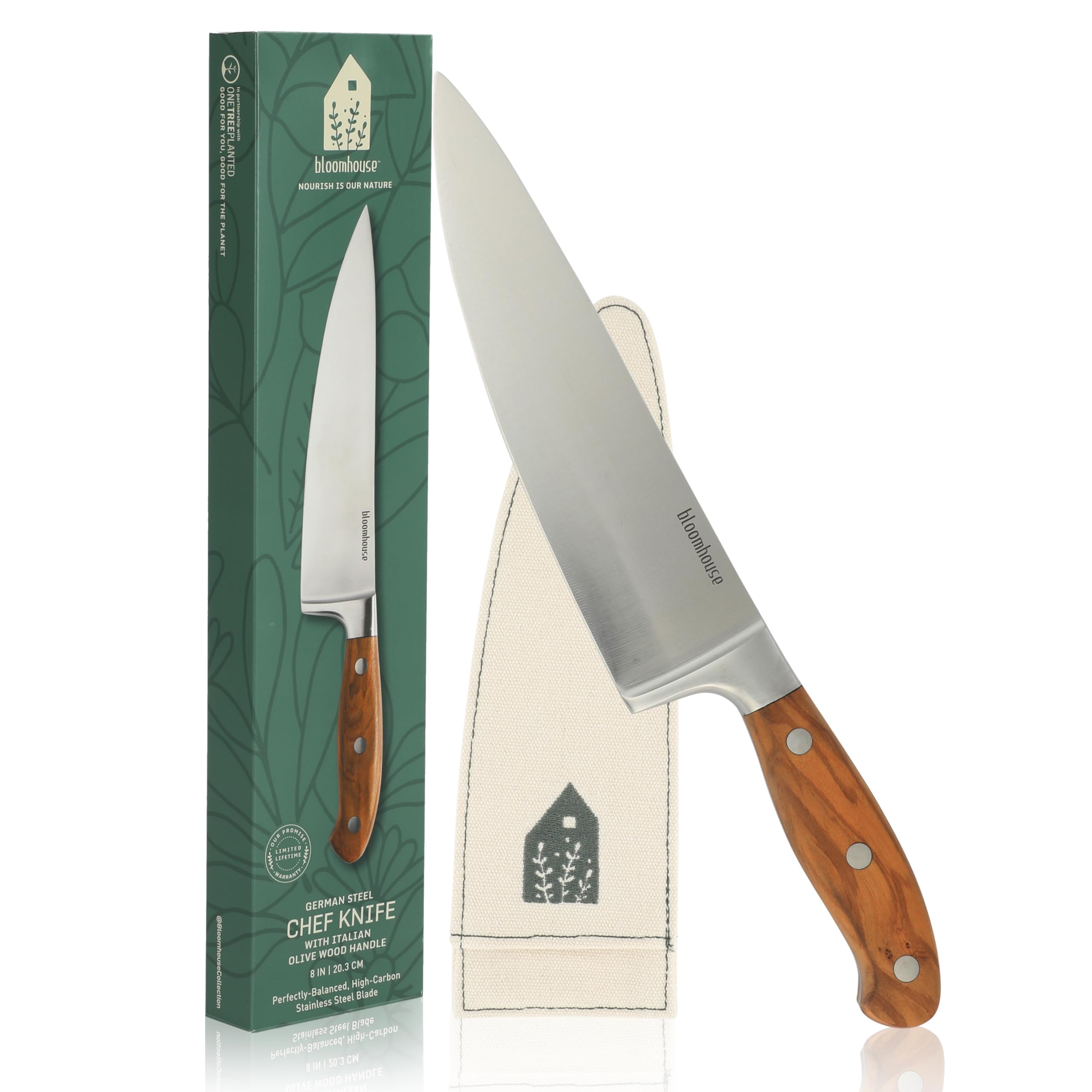 bloomhouse chef knife front view showing balanced profile and elegant finish