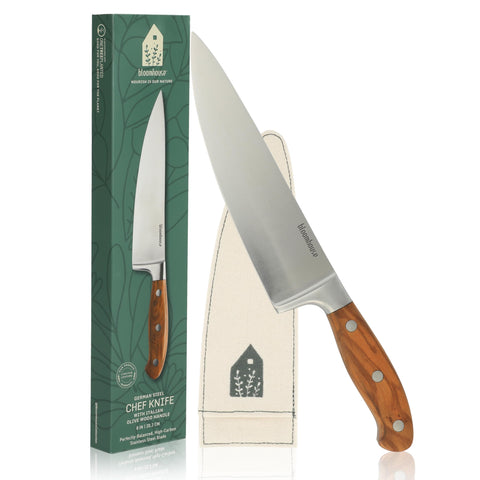 bloomhouse chef knife front view showing balanced profile and elegant finish