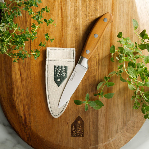 bloomhouse paring knife handle close-up highlighting olive wood grain and grip