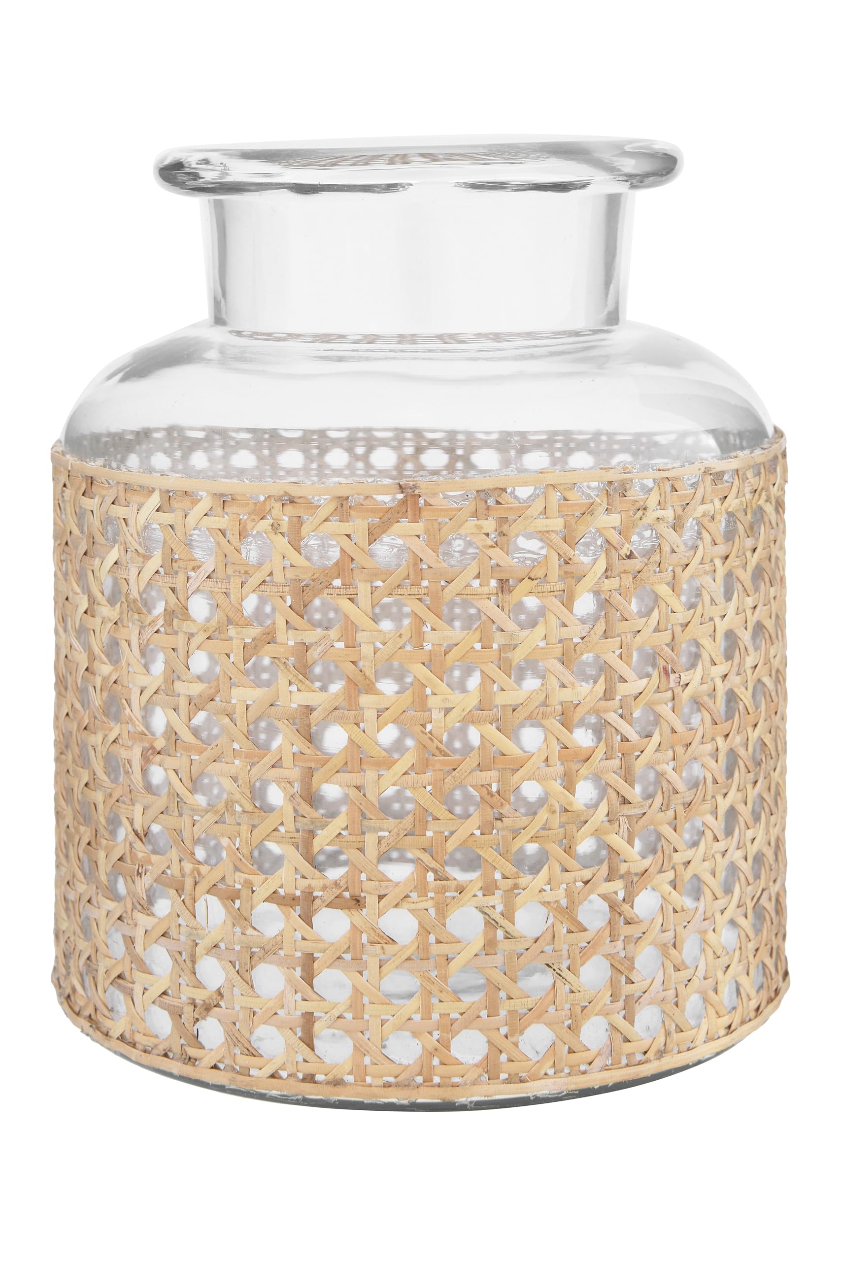 Bloomingville front view vase showing glass and cane sleeve, adds natural texture