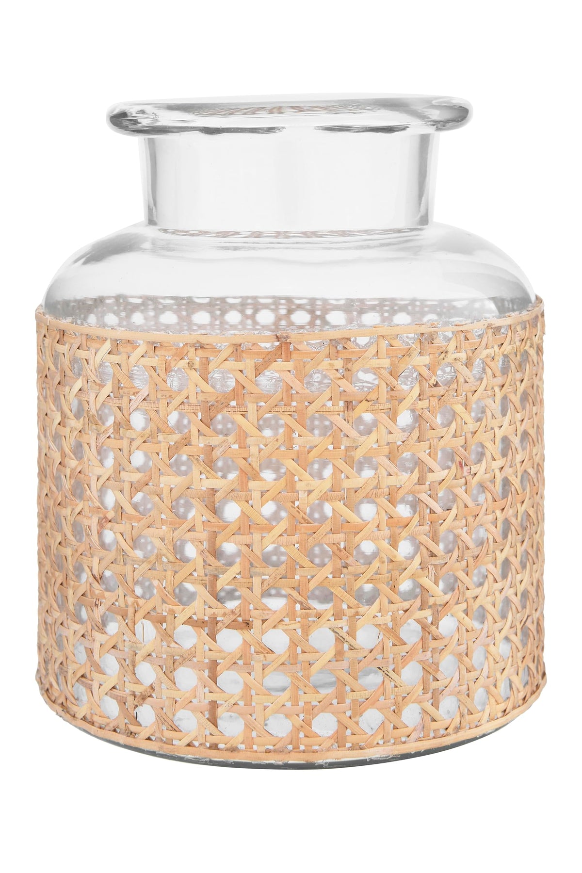 Bloomingville front view vase showing glass and cane sleeve, adds natural texture