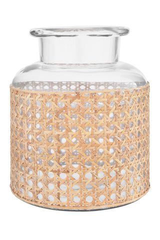 Bloomingville front view vase showing glass and cane sleeve, adds natural texture