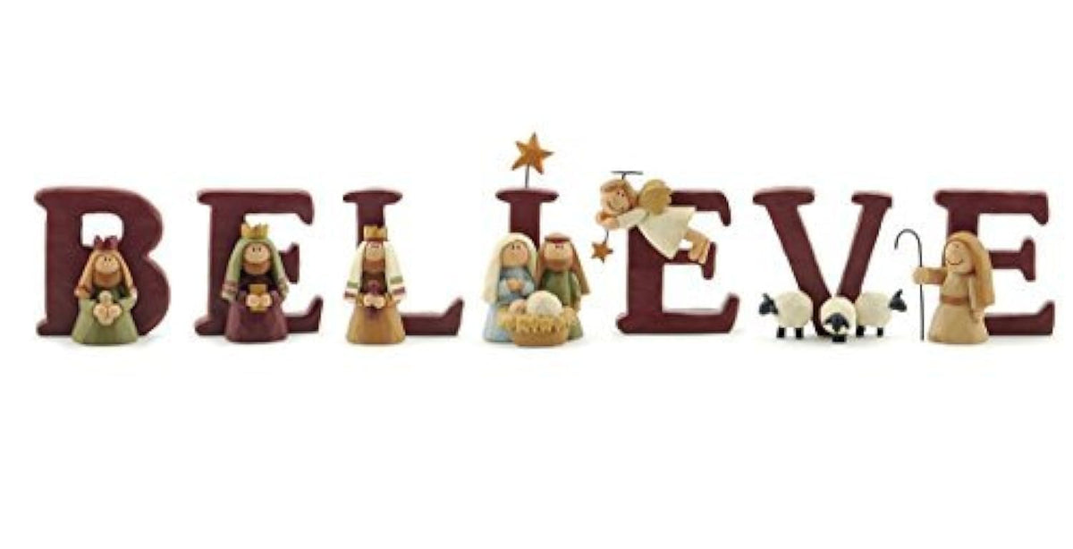Blossom Bucket BELIEVE nativity on mantle adds faith-filled holiday charm