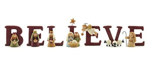 Blossom Bucket BELIEVE nativity on mantle adds faith-filled holiday charm