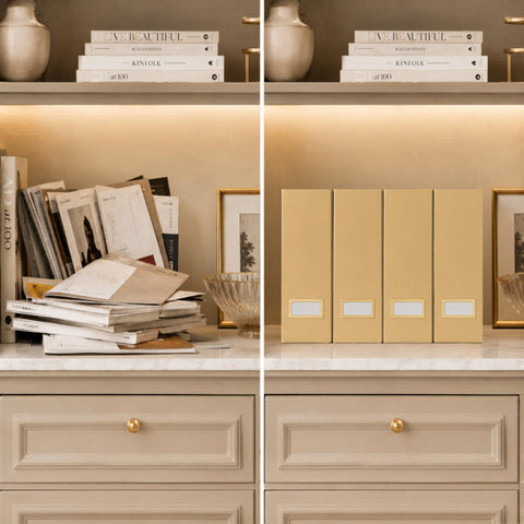 BLU MONACO lifestyle desk scene with gold holders improving workspace tidy