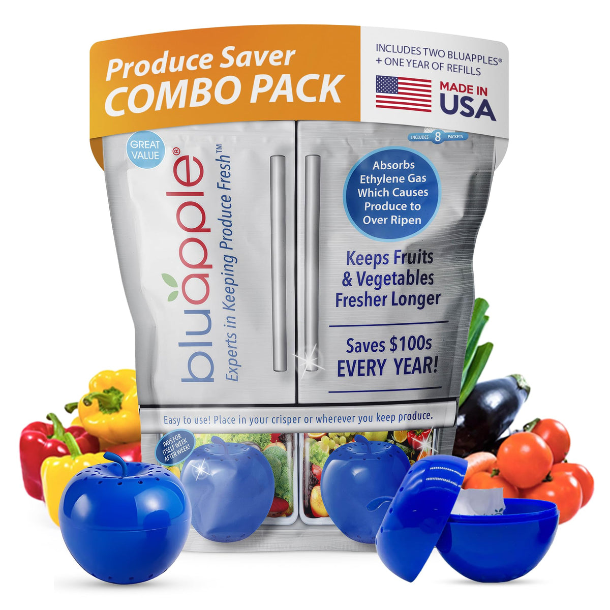 BluApple front view with refill packet showing organized storage benefit