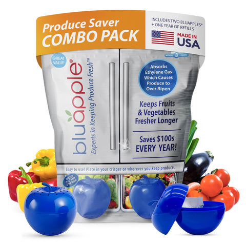 BluApple front view with refill packet showing organized storage benefit