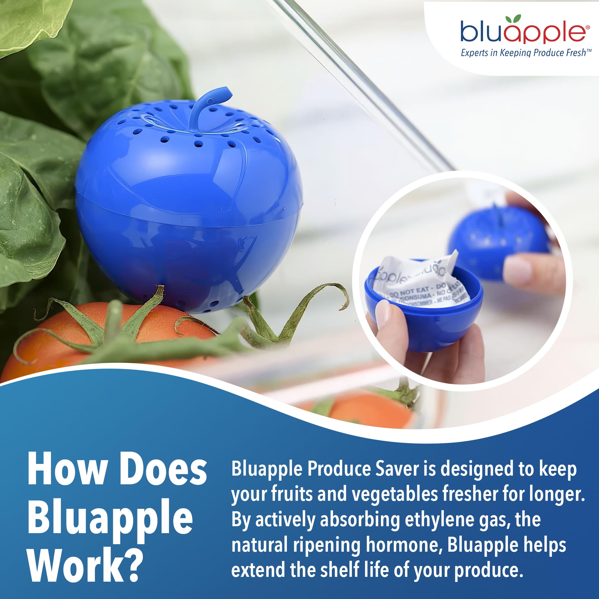 BluApple placed in refrigerator crisper with vegetables preserving freshness benefit