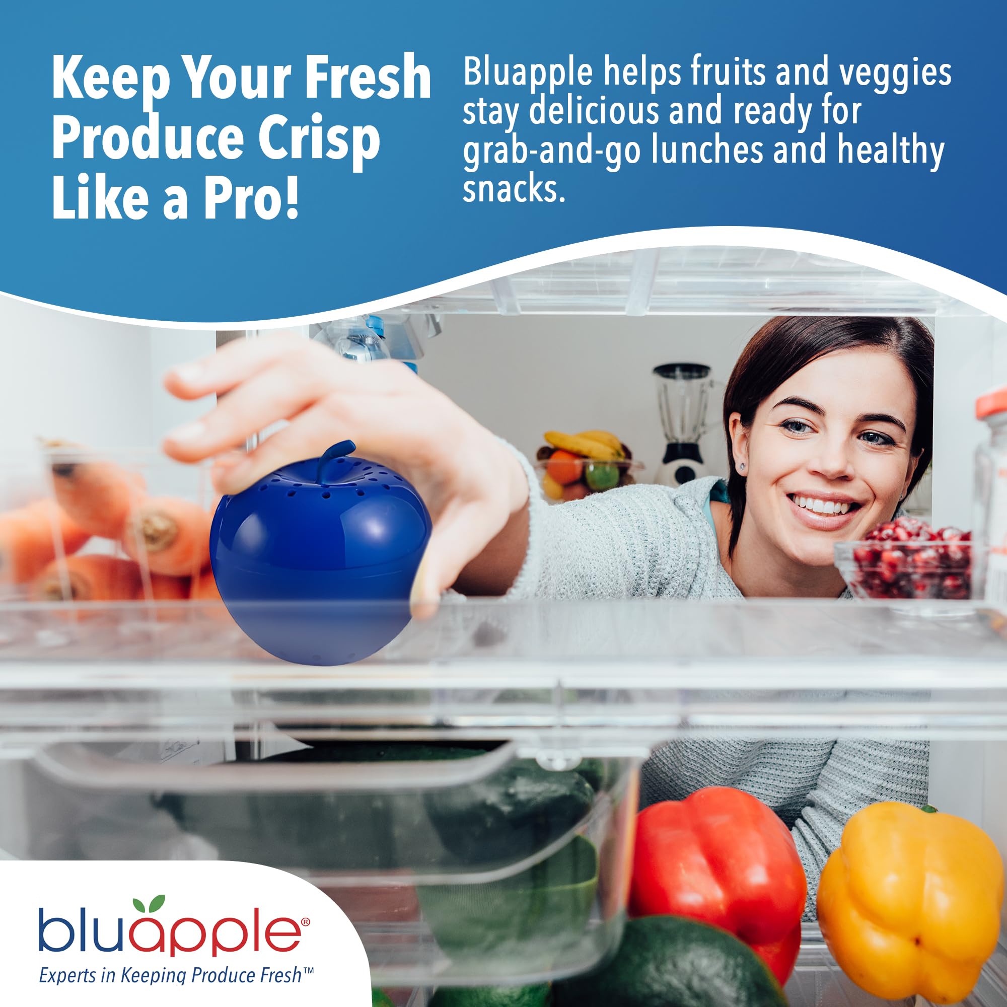 BluApple on kitchen counter with produce showing reduced food waste benefit