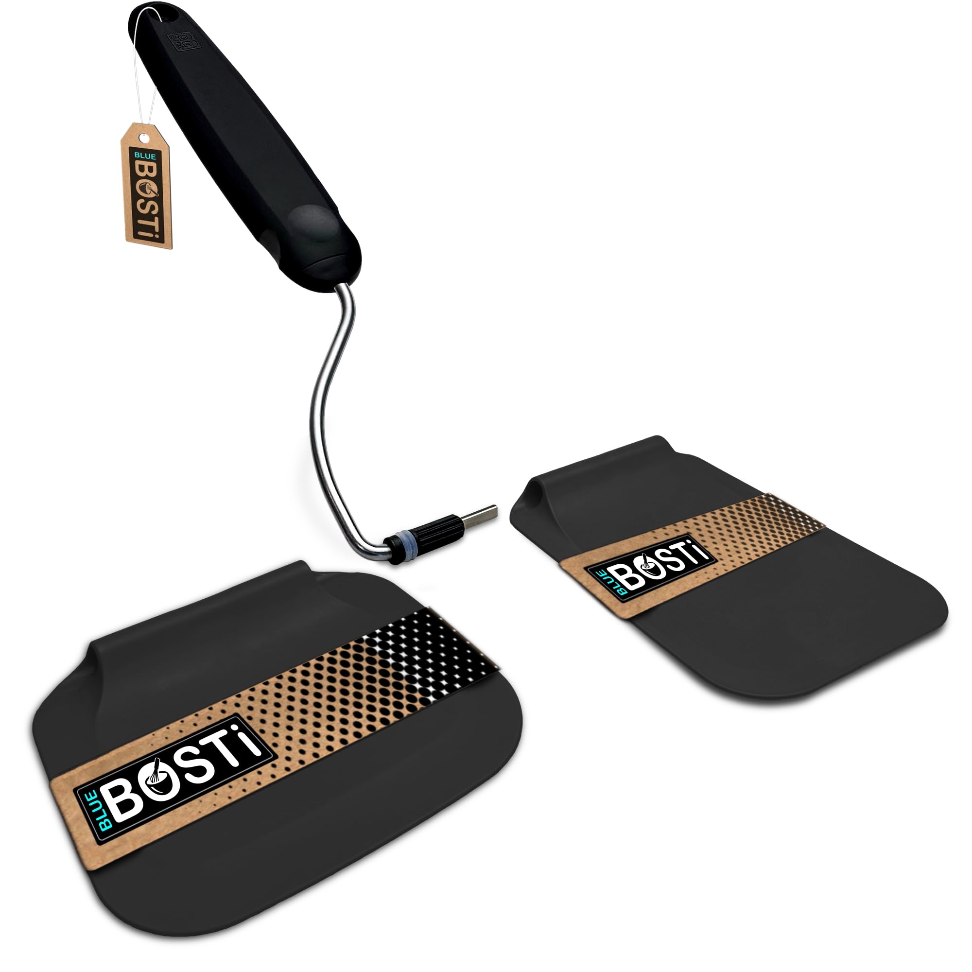 Blue Bosti front view of spatula showcasing adjustable hinge and blades for versatility