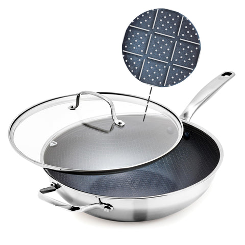 Blue Diamond 12" wok front view with lid showing capacity and fit