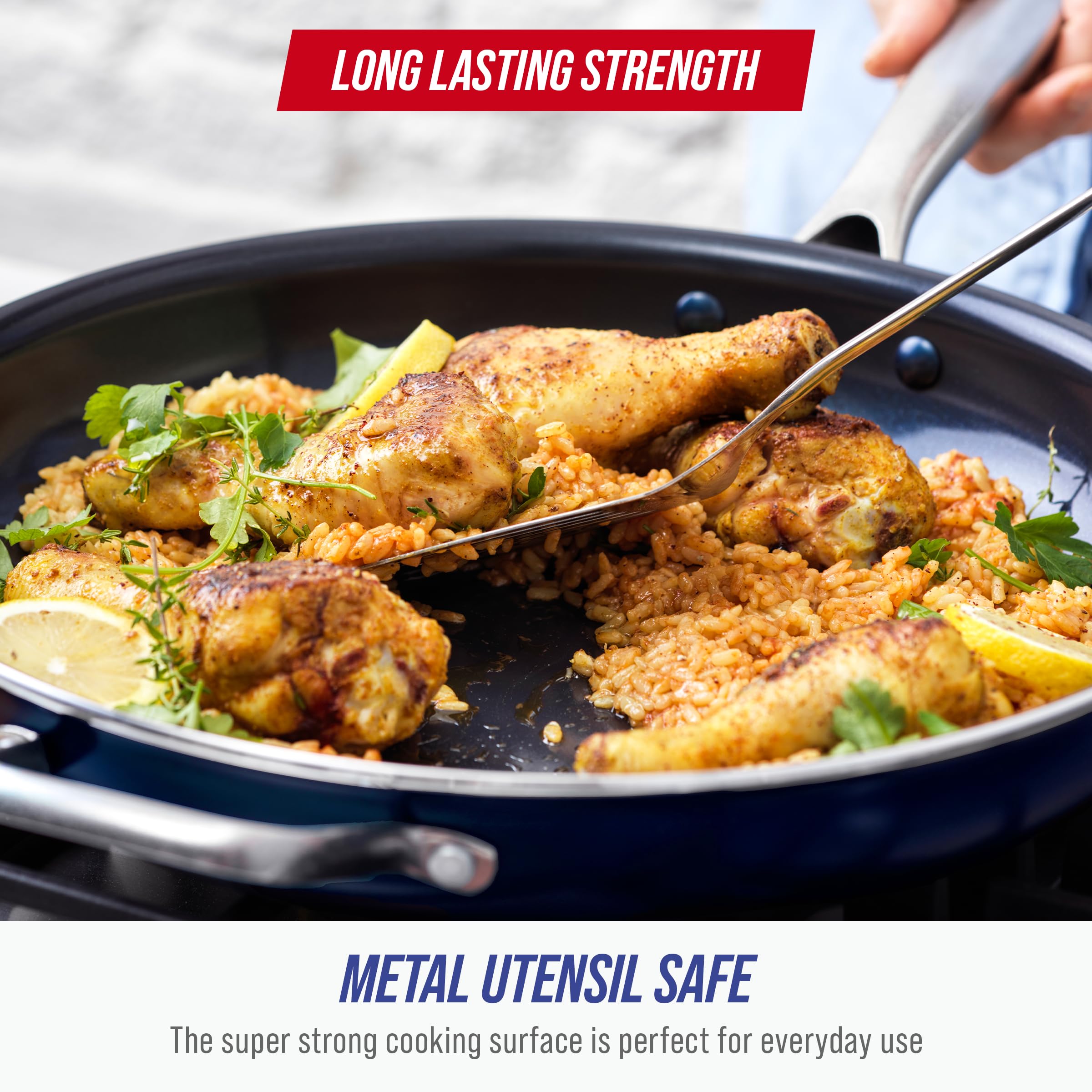 Blue Diamond helper handle view demonstrating two-hand balance for heavy meals benefit