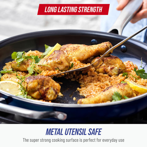 Blue Diamond helper handle view demonstrating two-hand balance for heavy meals benefit