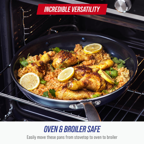 Blue Diamond skillet inside oven showing broiler and oven-safe performance benefit