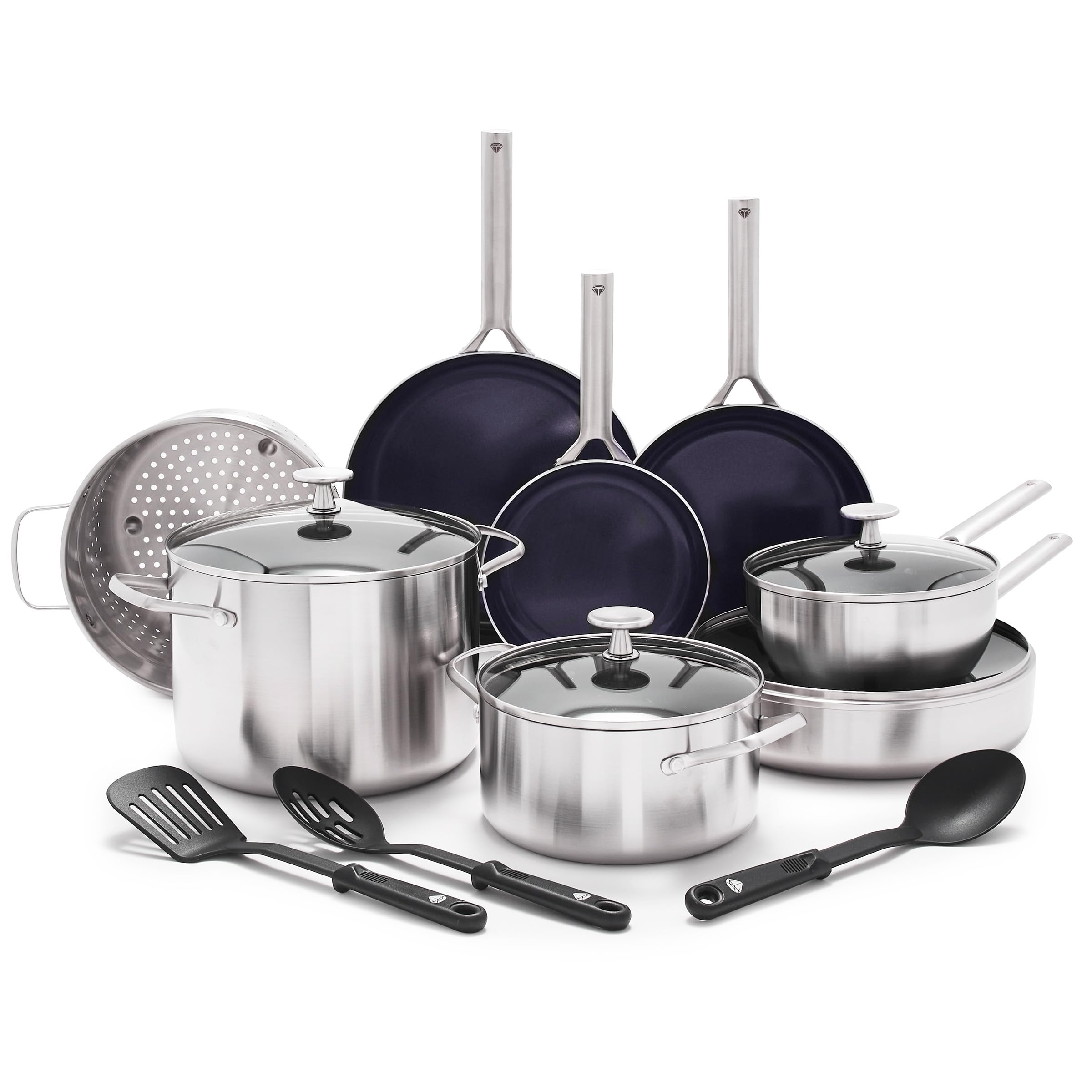 Blue Diamond front view of full 15-piece set showing included cookware and lids, organized for quick selection