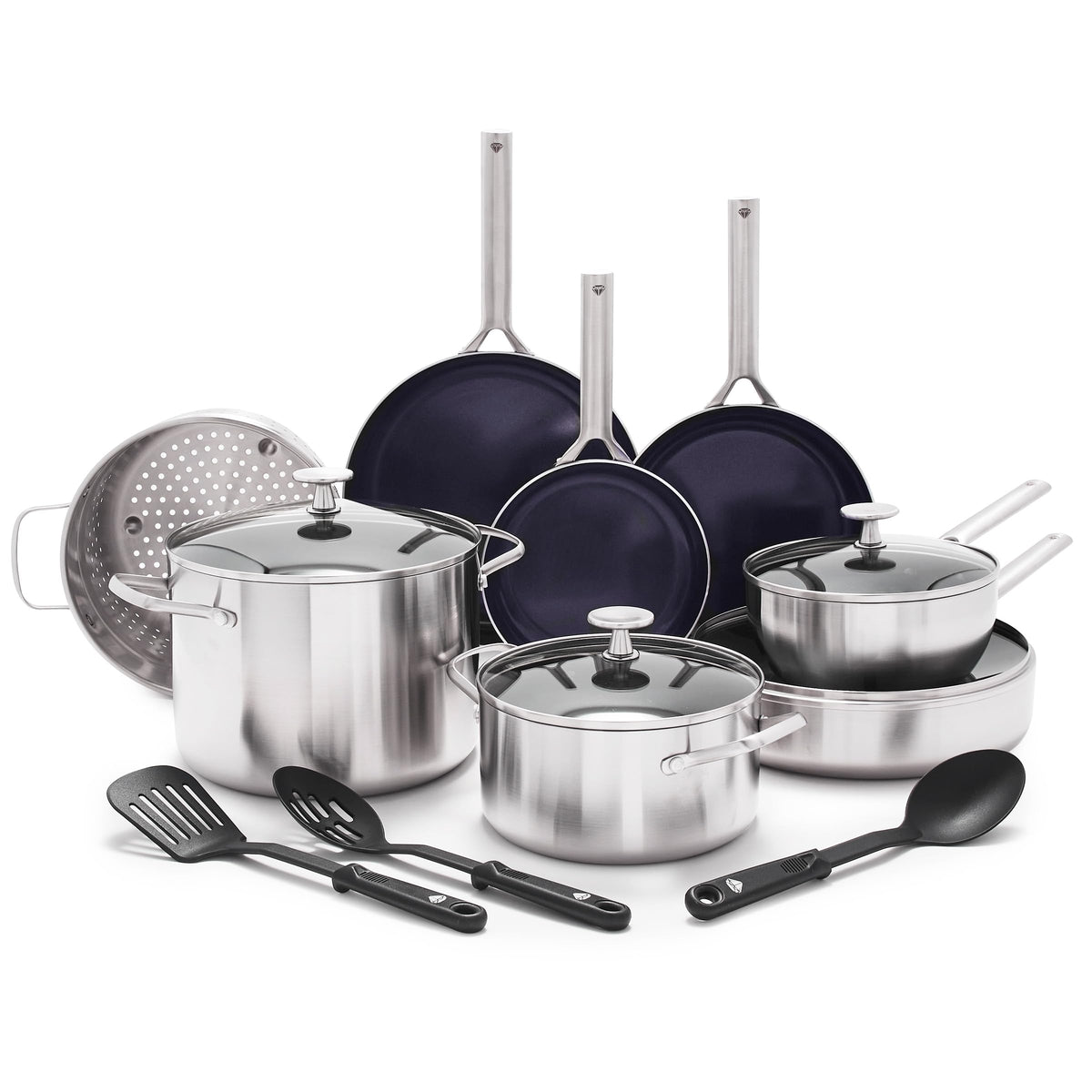 Blue Diamond front view of full 15-piece set showing included cookware and lids, organized for quick selection