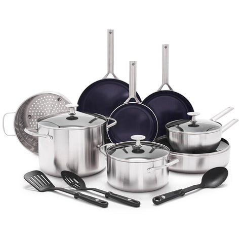Blue Diamond front view of full 15-piece set showing included cookware and lids, organized for quick selection