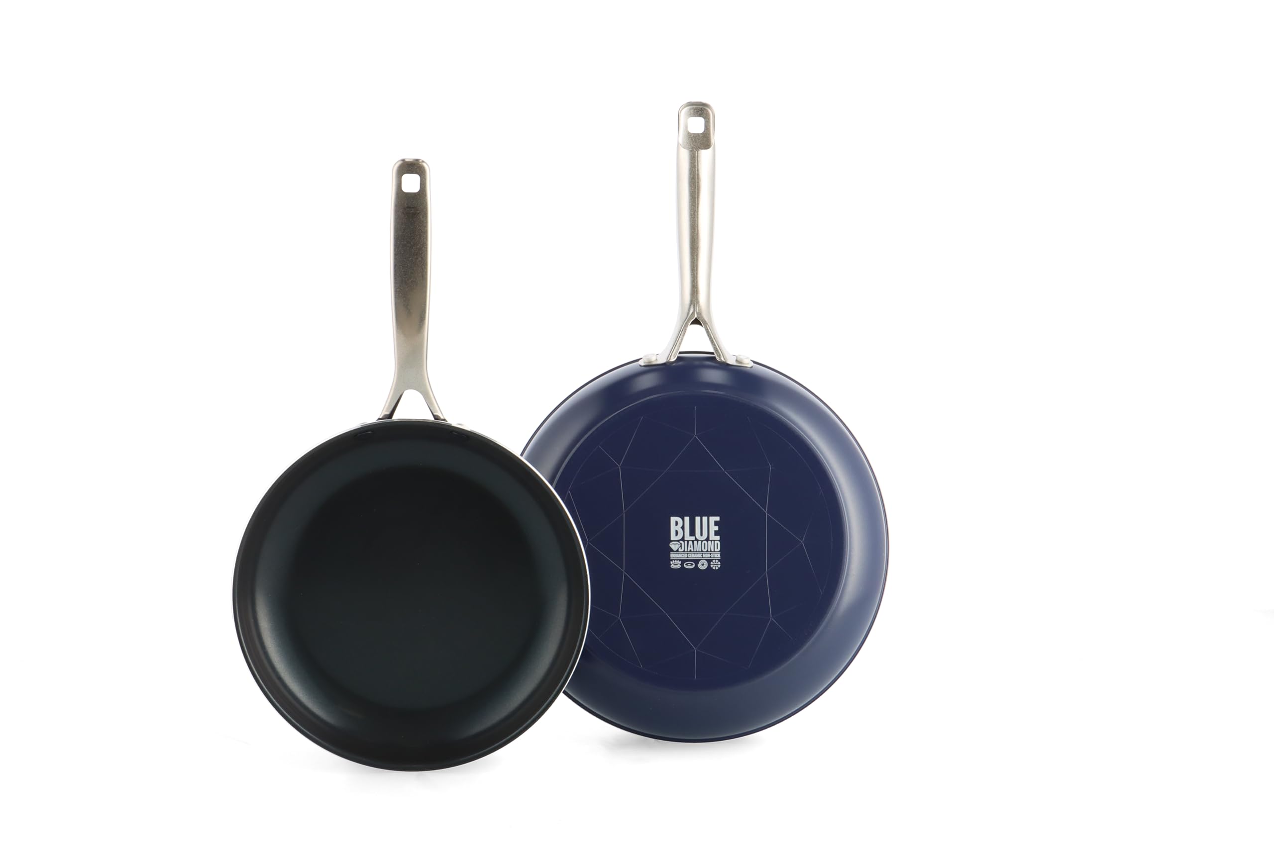 Blue Diamond front view set showing two pans and benefits of versatility