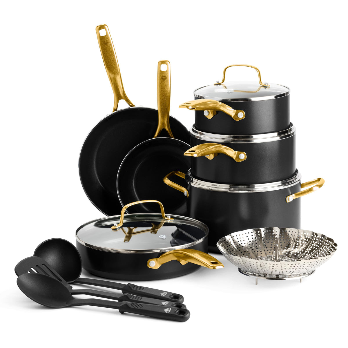 Blue Diamond front view of full 14-piece Gold cookware set with polished finish benefit