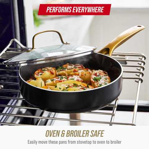 Blue Diamond sauté pan cooking vegetables delivering quick browning benefit