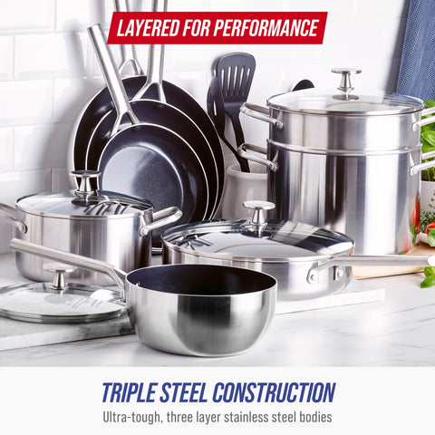 Blue Diamond stainless steel handle with V-shaped cutout illustrating cool-touch grip and secure hold