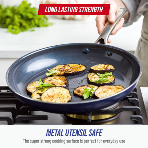 Blue Diamond pan inside oven demonstrating oven-safe performance up to 600°F