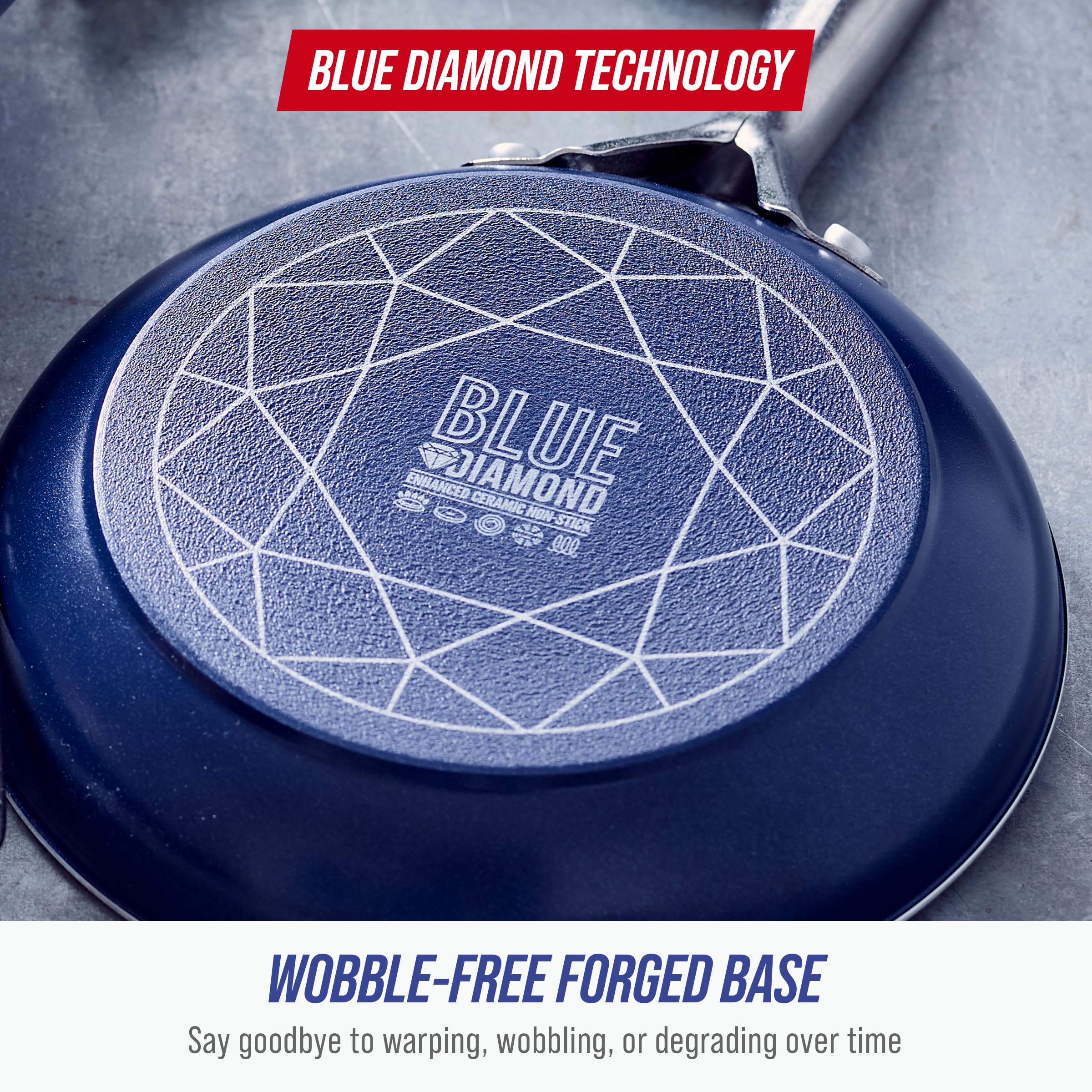 Blue Diamond frying pan on stovetop with sautéed vegetables for even heating benefit