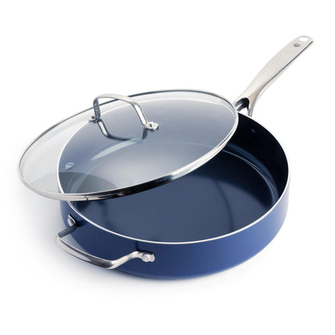 Blue Diamond front view of 5QT sauté pan showing capacity and design benefits