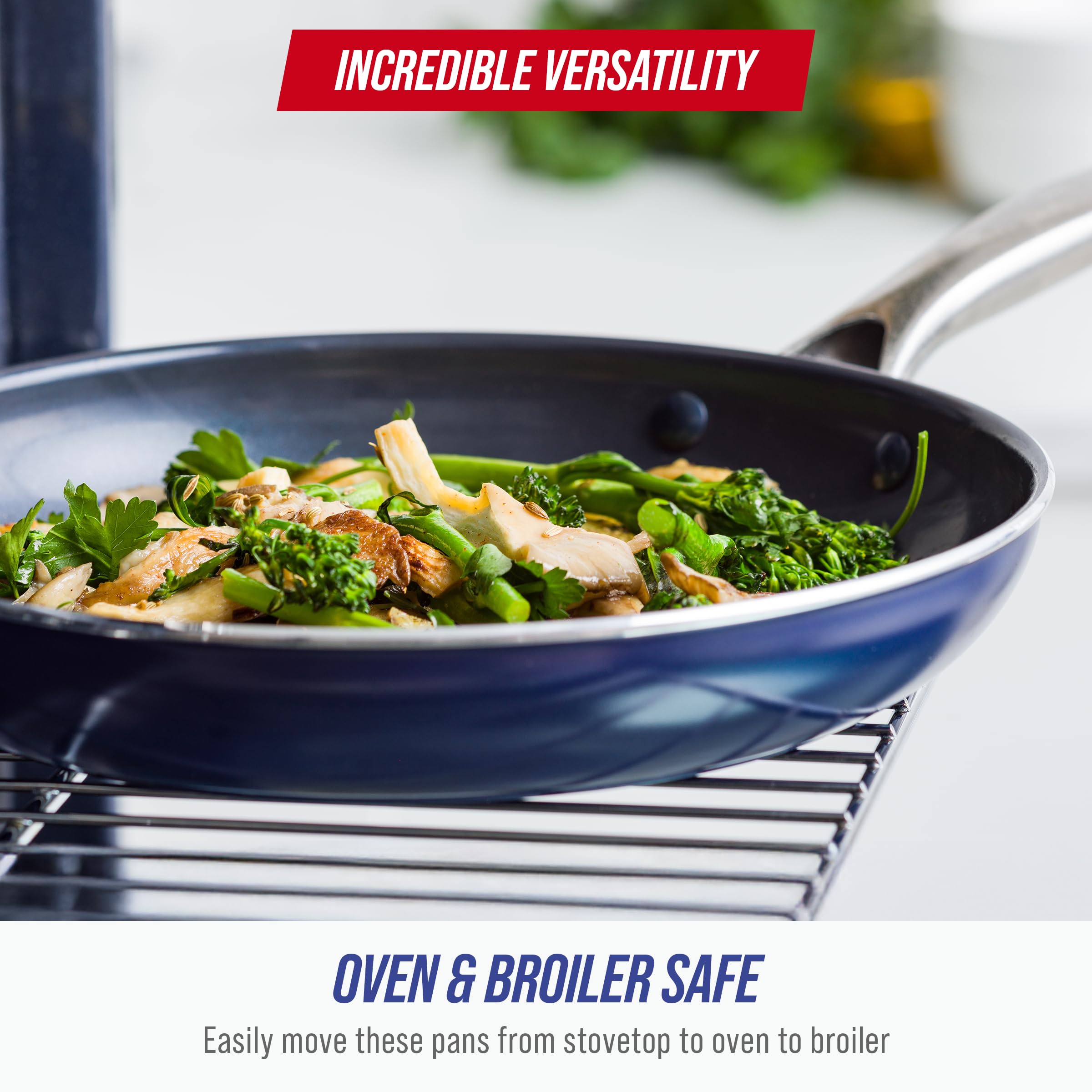 Blue Diamond cookware in oven scene, broiler and oven-safe performance