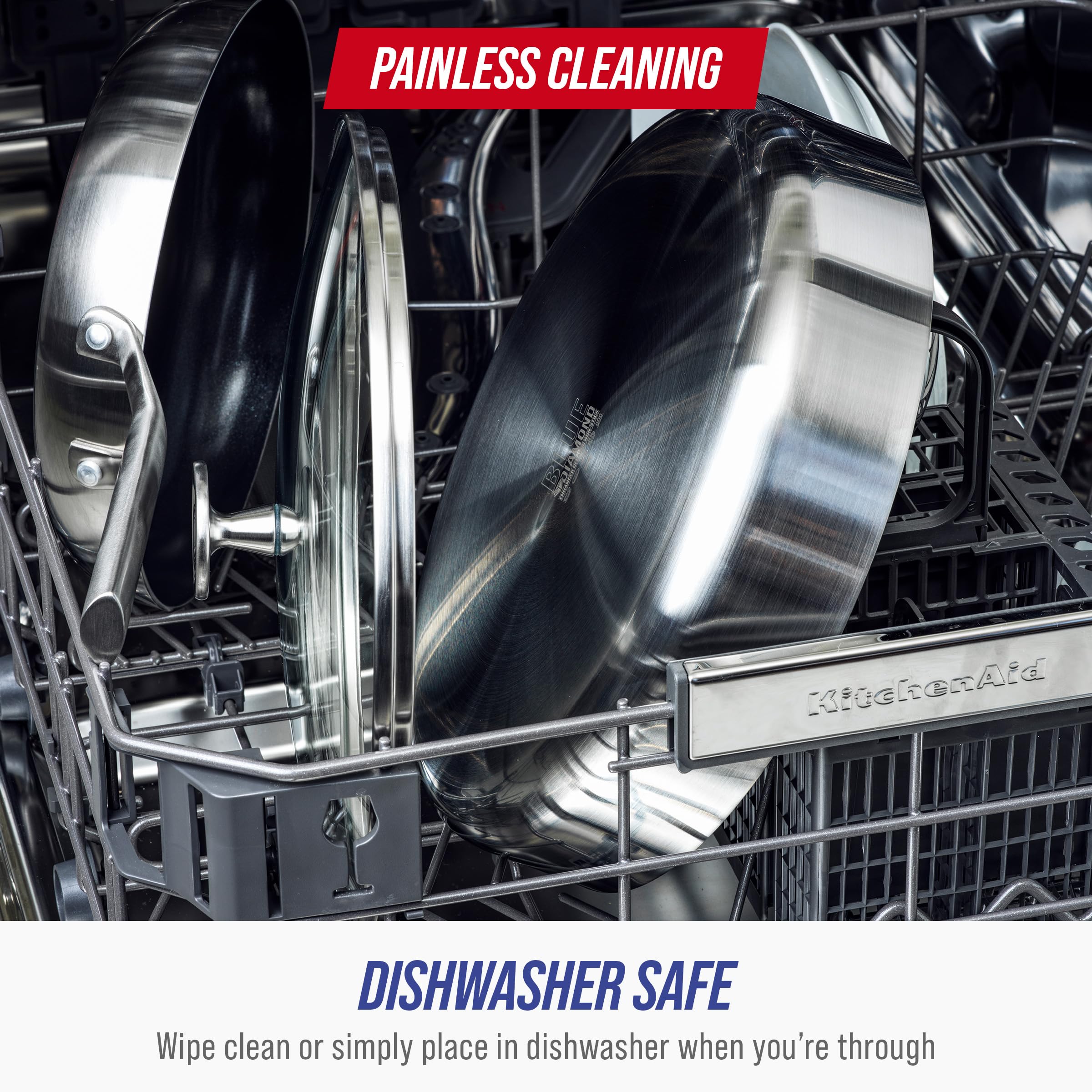 Blue Diamond stacked cookware demonstrating angled handles for compact storage and space savings