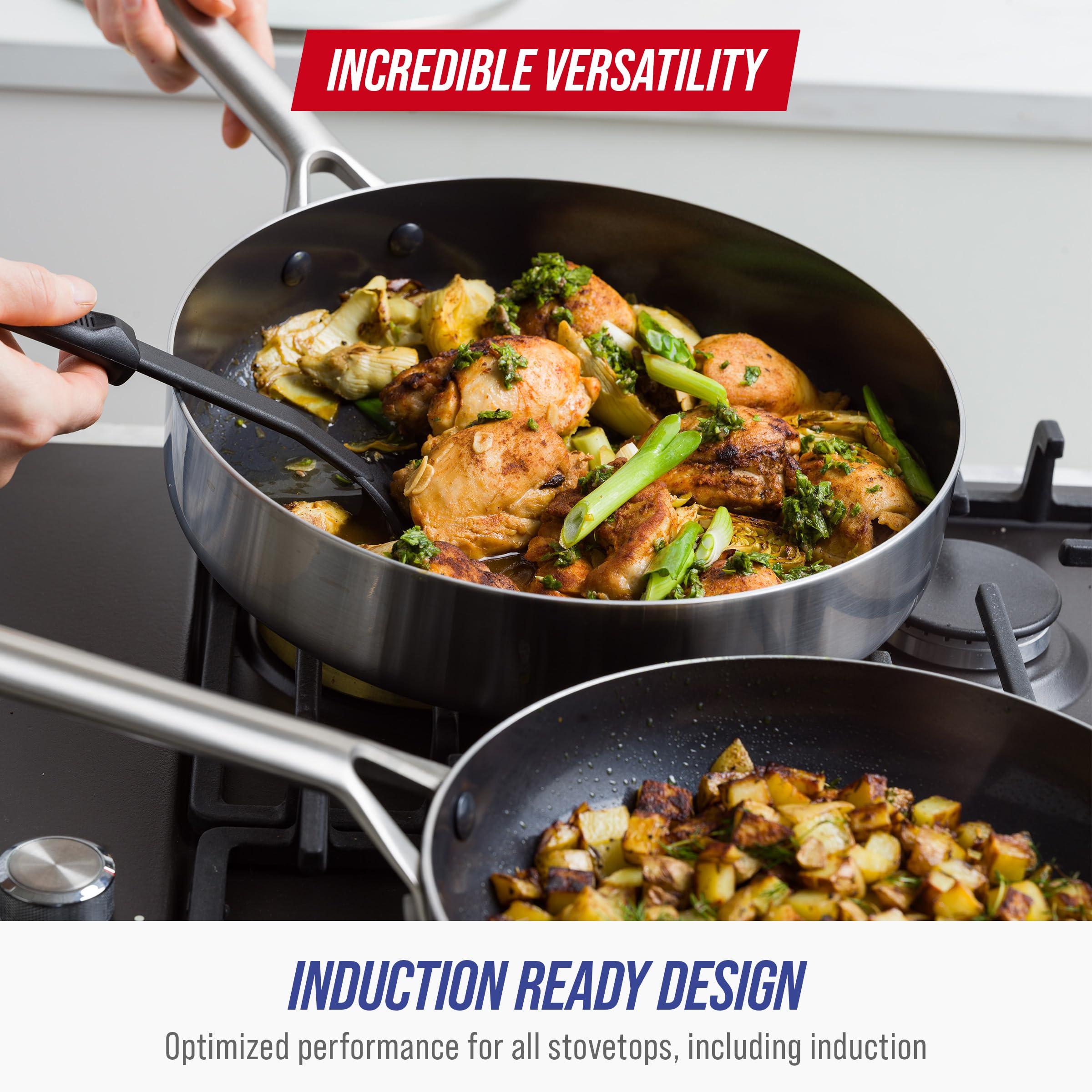 Blue Diamond nylon utensils next to pan showing included turner and spoons for scratch-free stirring