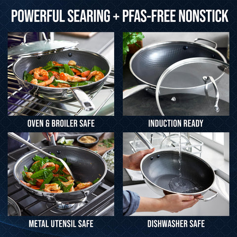 Blue Diamond wok frying vegetables demonstrating even heat and release